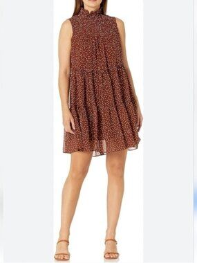 Taylor Brown Polka Dot Smocked Mock Neck Sleeveless Tiered Dress Women’s 10